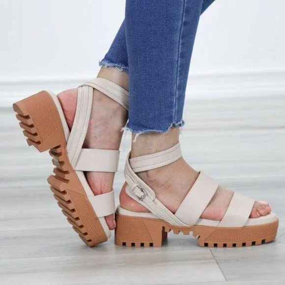 Nude Strappy Chunky Heel Sandal Faux Leather - Picture 7 of 12